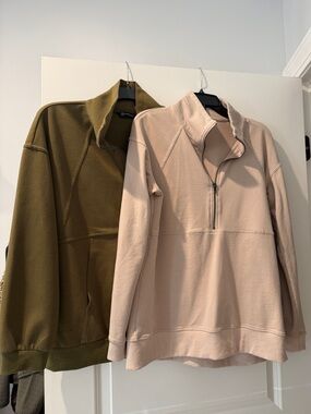 Long Sleeve Pullover Half Zip Collared Sweatshirt Bundle-Green/Cream- Women L